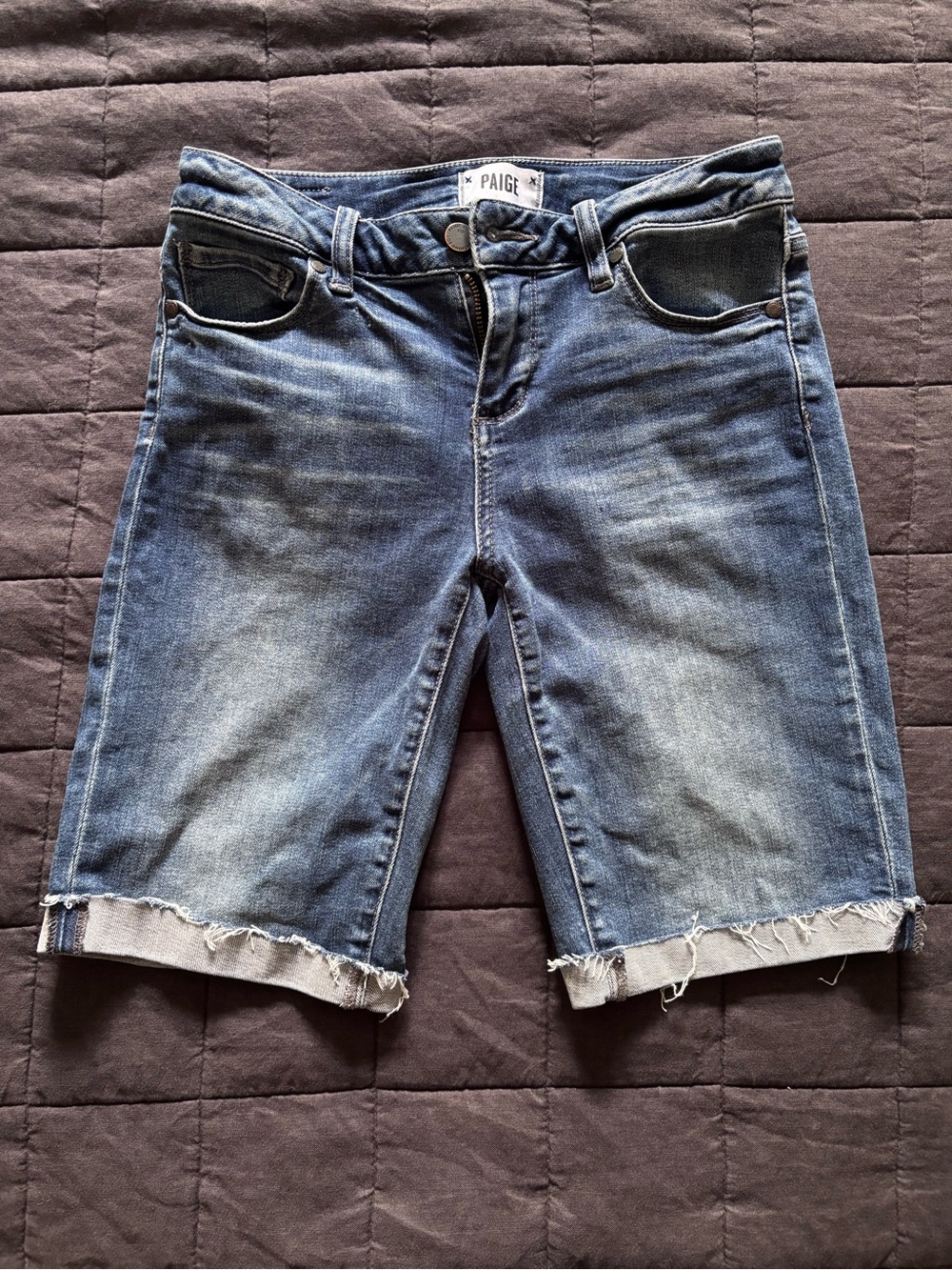 PAIGE Washed Blue Denim Bermuda Shorts with Frayed Hem